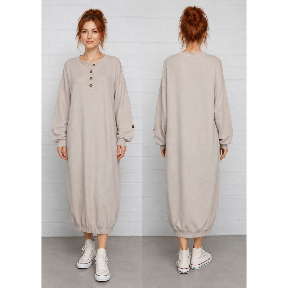 NWT Lillusory S M 6 8 10 Cream Gray Waffle Knit Stretch Oversized Long Dress